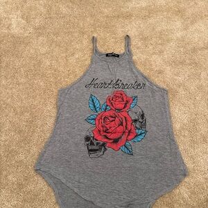 Gray Tank Top with Red Rose and Skull Design
